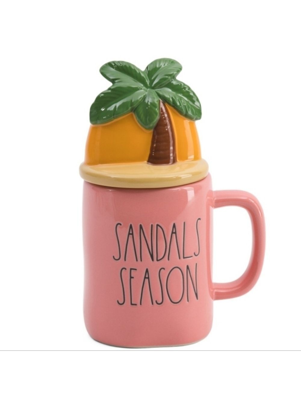 🌴 RAE DUNN “SANDAL SEASON” PINK MUG WITH PALM TREE SUNSET TOPPER